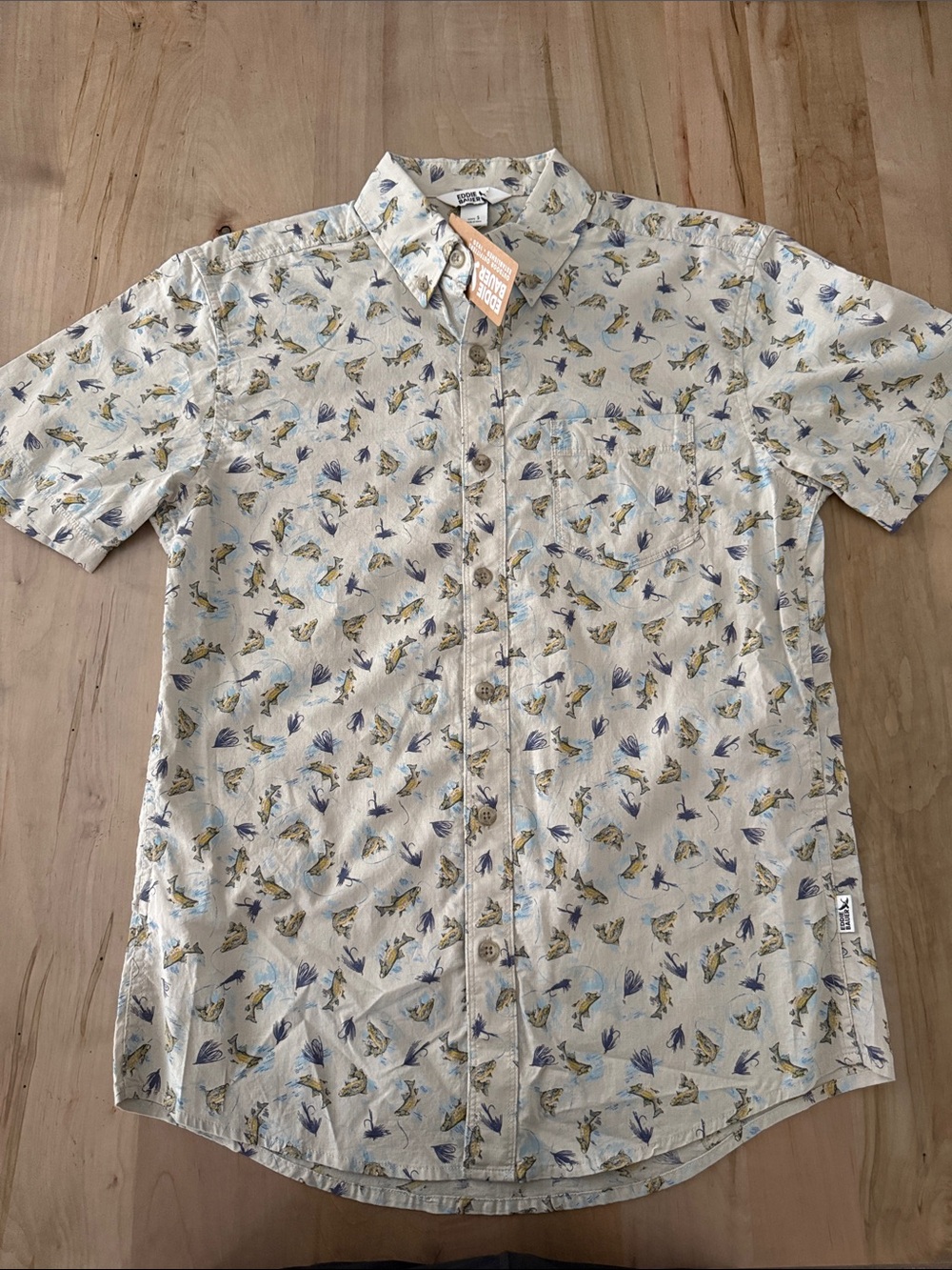 Eddie Bauer Beige Short-Sleeve Button-Down with Blue & Yellow Leaf Print